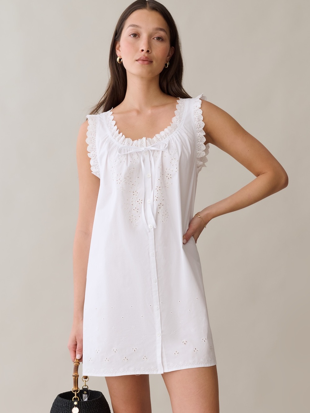White Eyelet Cotton Sleeveless Chemise with Tie-Neck
